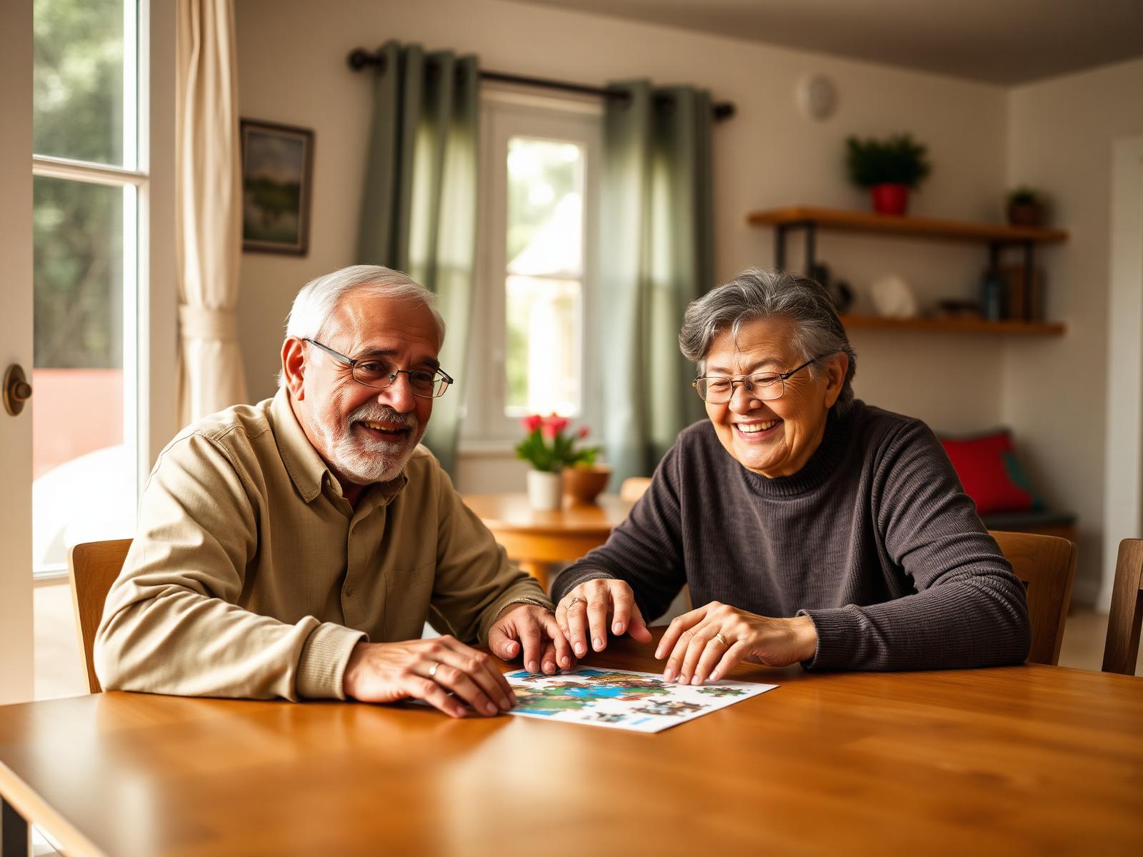 Pareja de adultos mayores realizando ejercicios cognitivos en casa